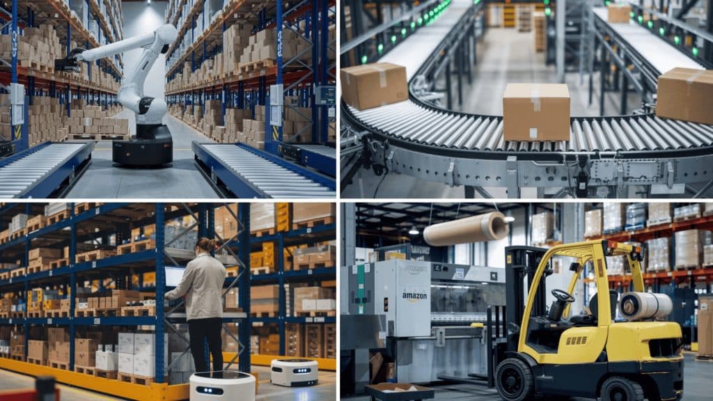 A collage of modern warehouse scenes a robotic arm sorting boxes, conveyor belts moving packages, a worker with automated robots, and a yellow forklift; showcasing the impact of warehouse automati