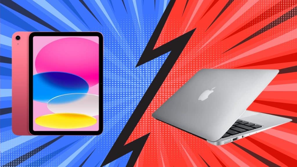 A colorful iPad on a blue comic-style background faces a silver MacBook on a red comic-style background, separated by a black lightning bolt, highlighting the MacBook vs iPad showdown