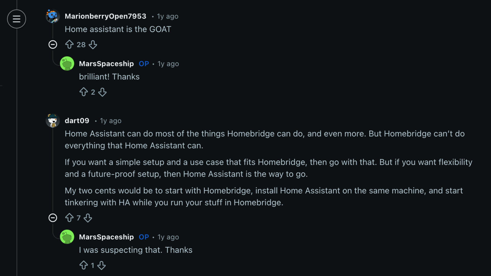 A screenshot of discussion on homebridge vs home assistant on reddit