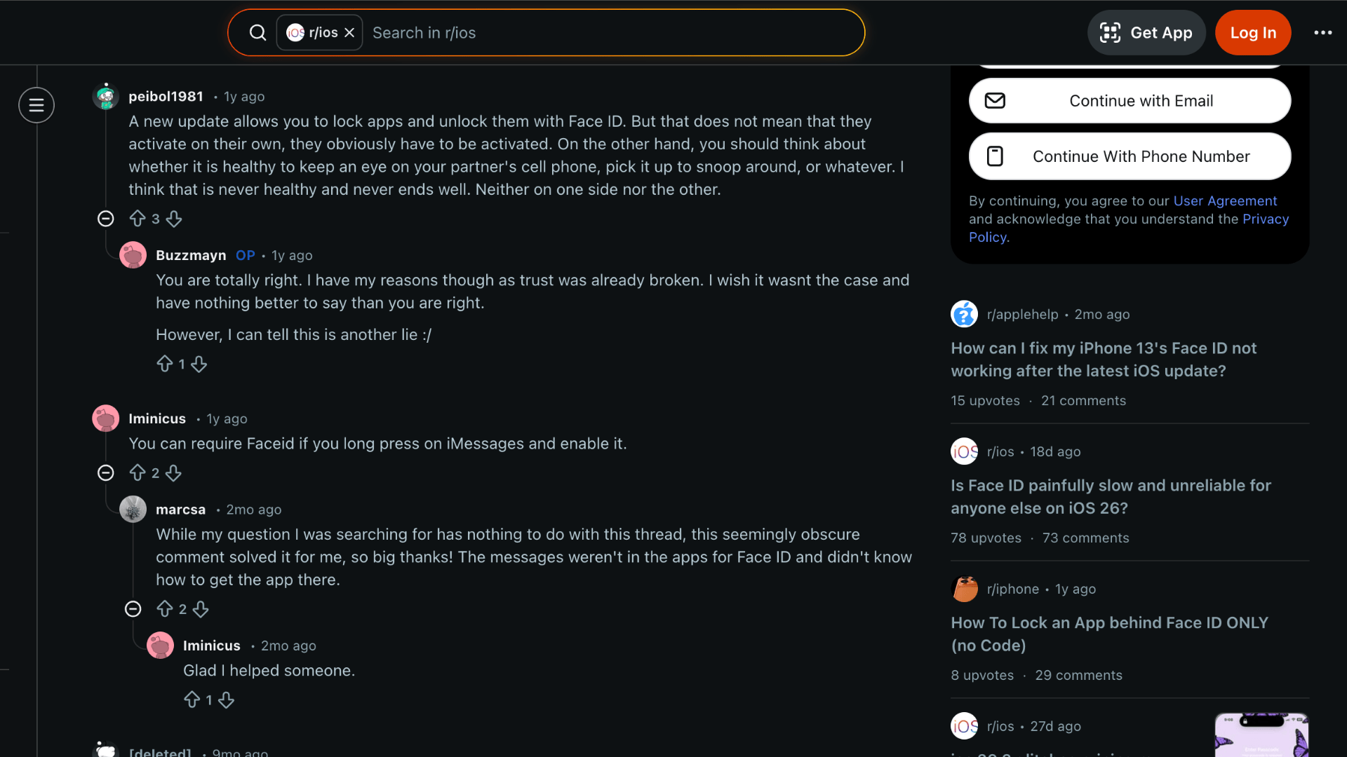 A screenshot of discussion on how to put face id on messages on reddit