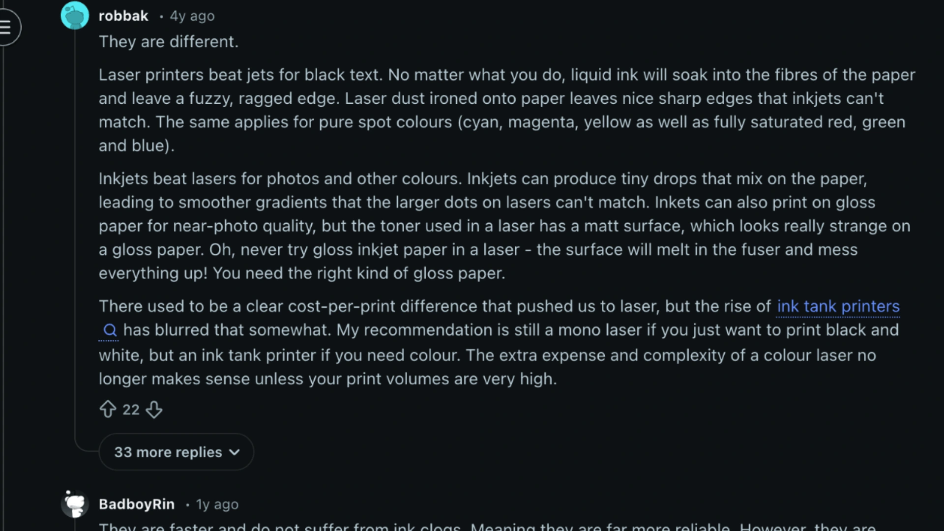A screenshot of discussion on laser printer vs inkjet on reddit