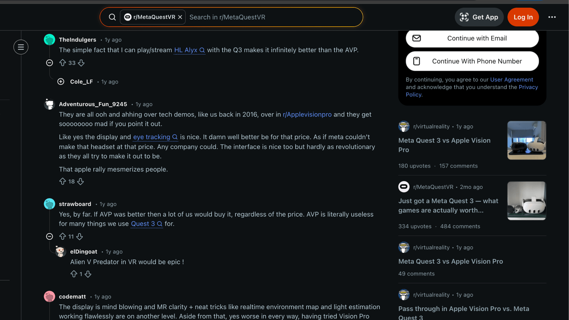 A screenshot of discussion on meta quest 3 vs apple vision pro on reddit
