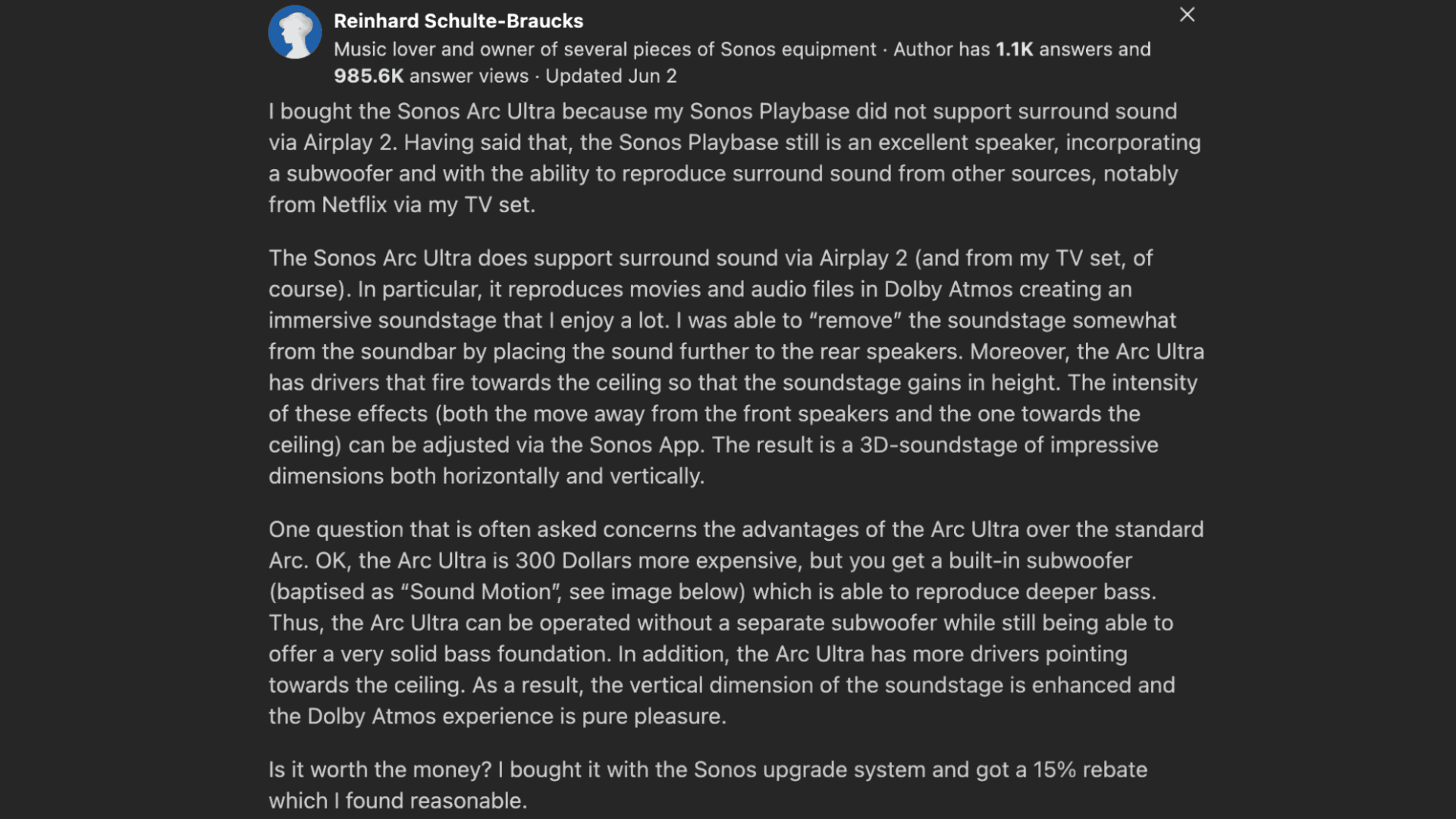 A screenshot of discussion on sonos arc ultra review on quora