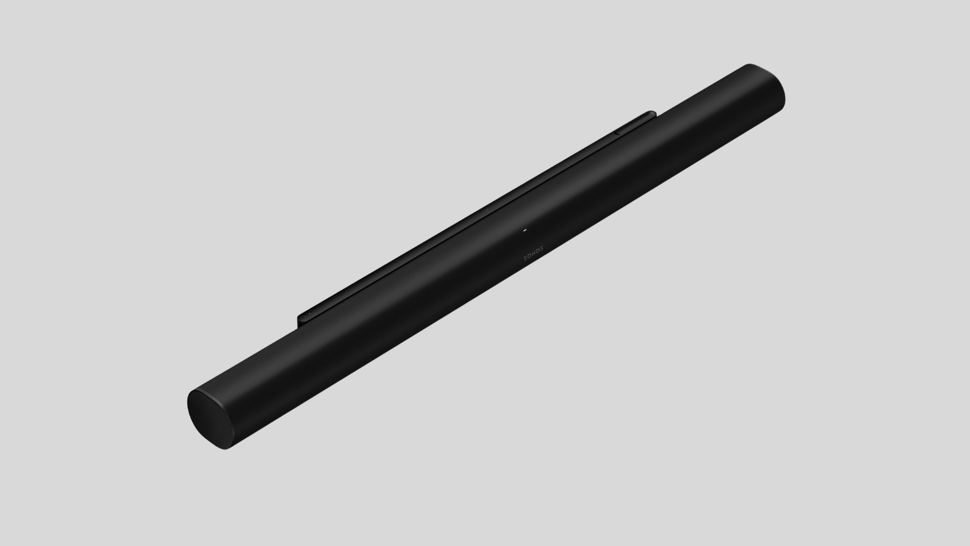 Angled view of Sonos Arc Ultra black soundbar with sleek cylindrical design and top control panel on light grey background