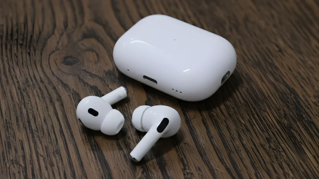 Apple AirPods Pro earbuds and white charging case placed on a textured wooden table surface
