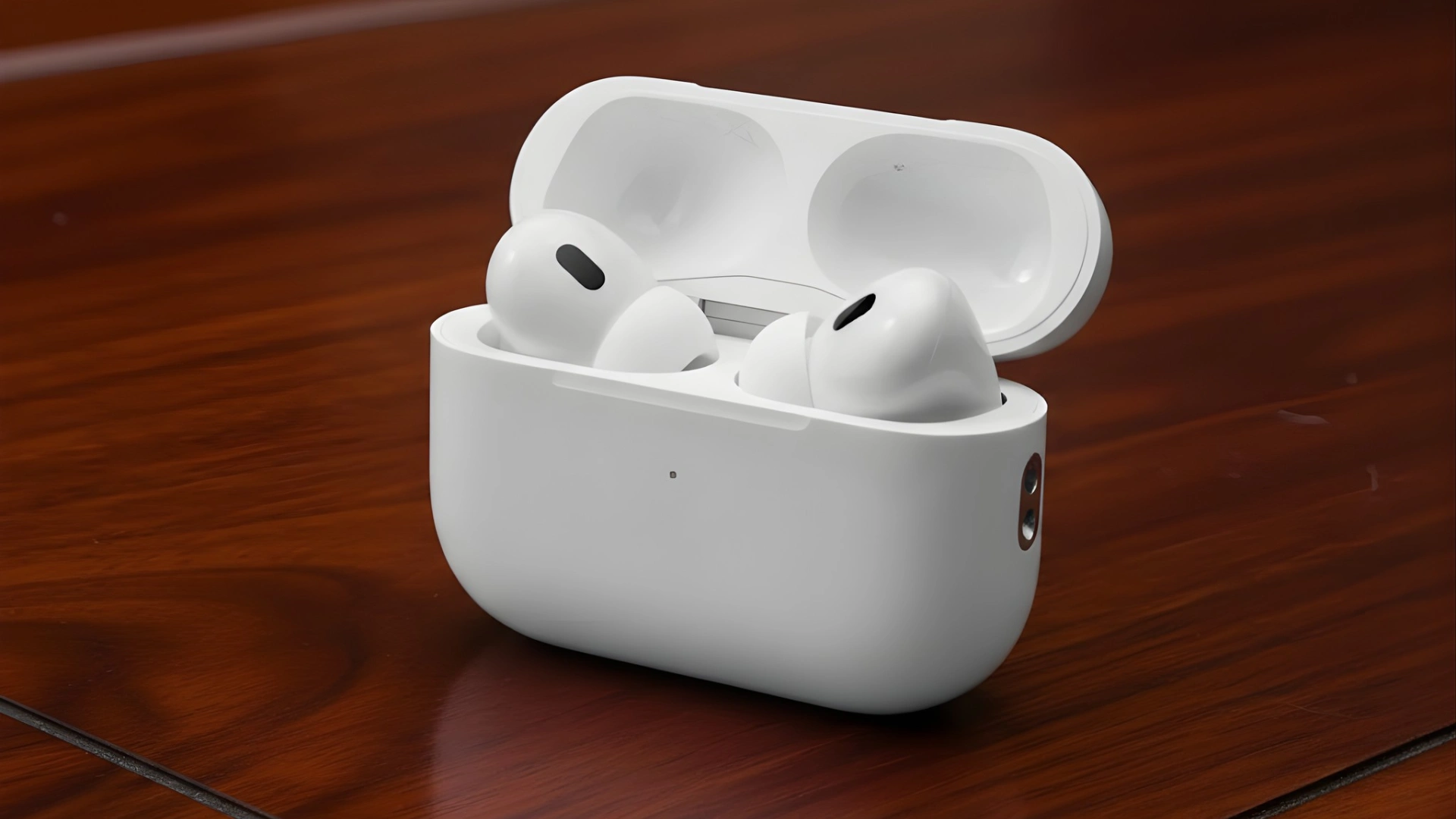 Apple AirPods Pro resting inside an open white charging case placed on a polished wooden table surface