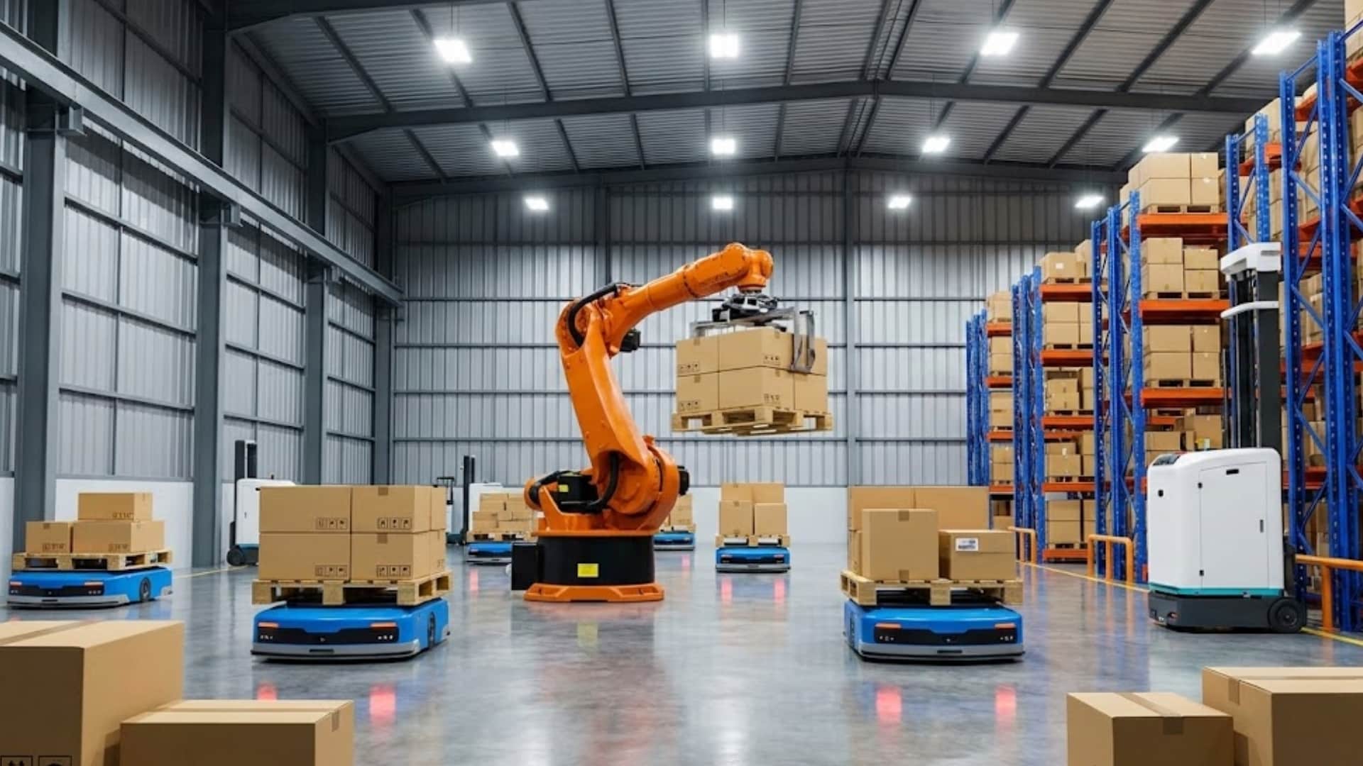 Automated warehouse with robotic arm, AGV transport robots, and storage racks in industrial facility