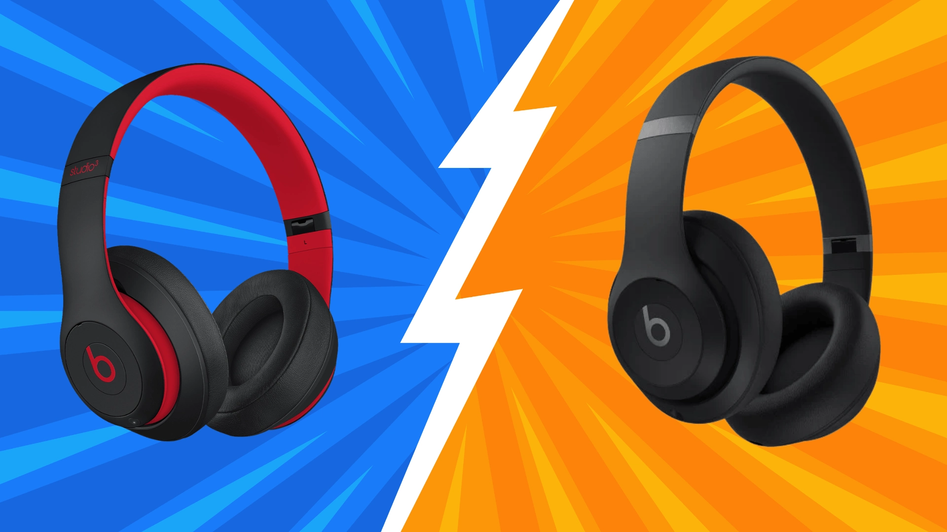 Beats Studio 3 in red and black on left vs Beats Studio Pro in black on right with split blue and orange background and lightning divider