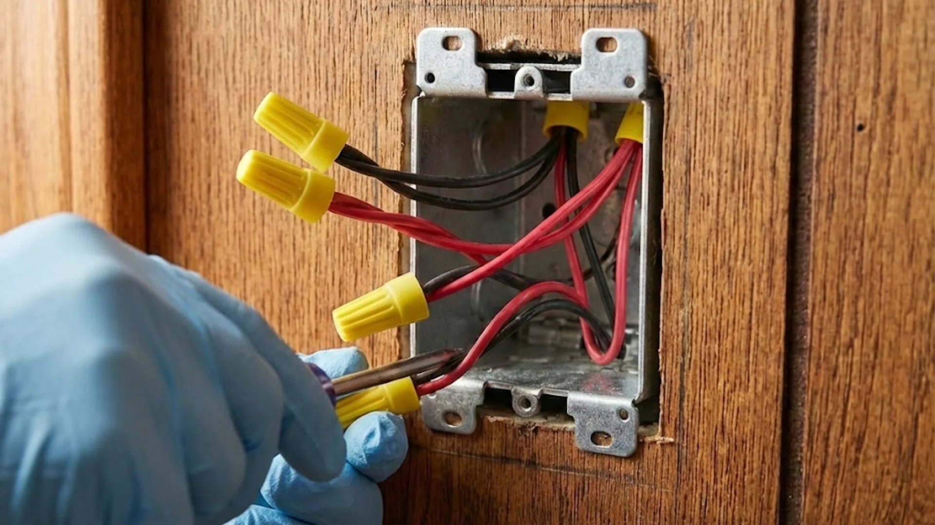 Close-up of gloved hands using a tool to organize red and black wires with yellow nuts