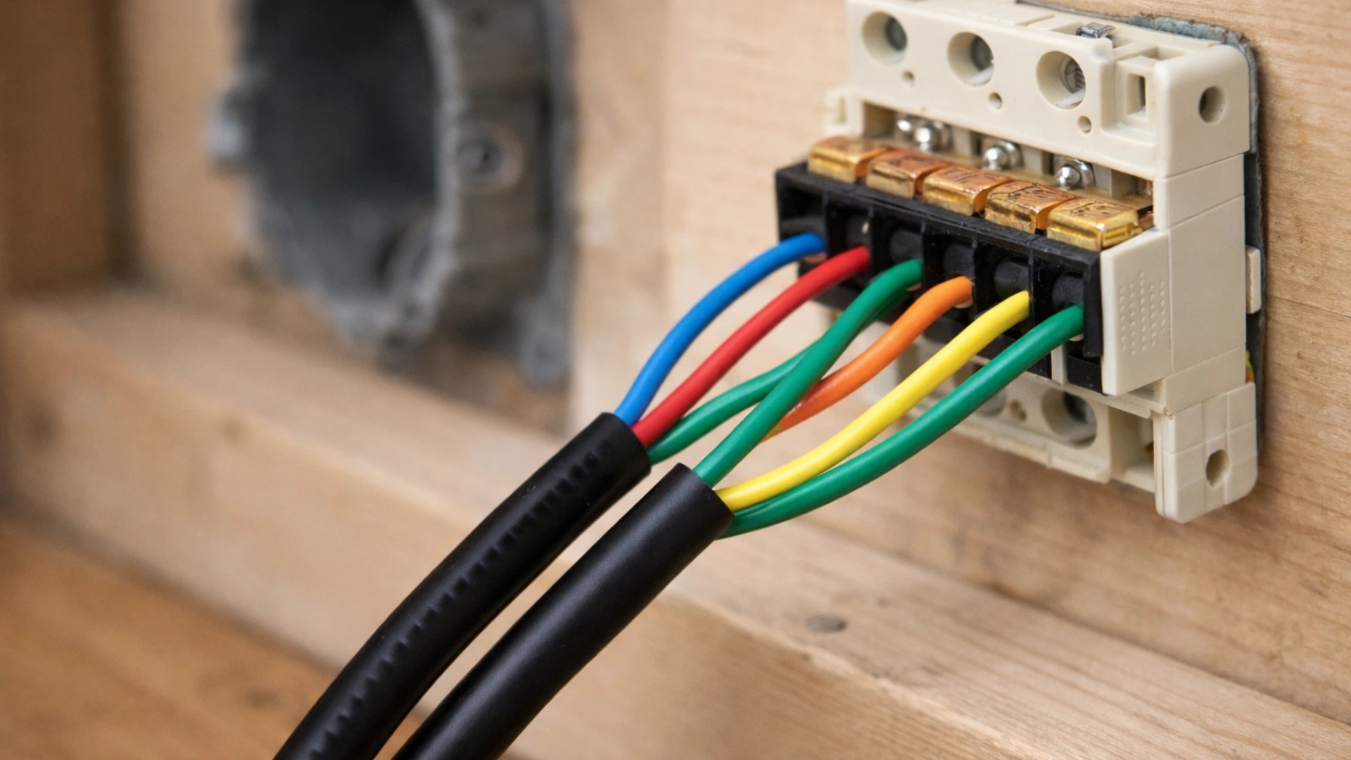 Close-up of multicolored electrical wires connected to a terminal block, highlighting safe residential electrical wiring
