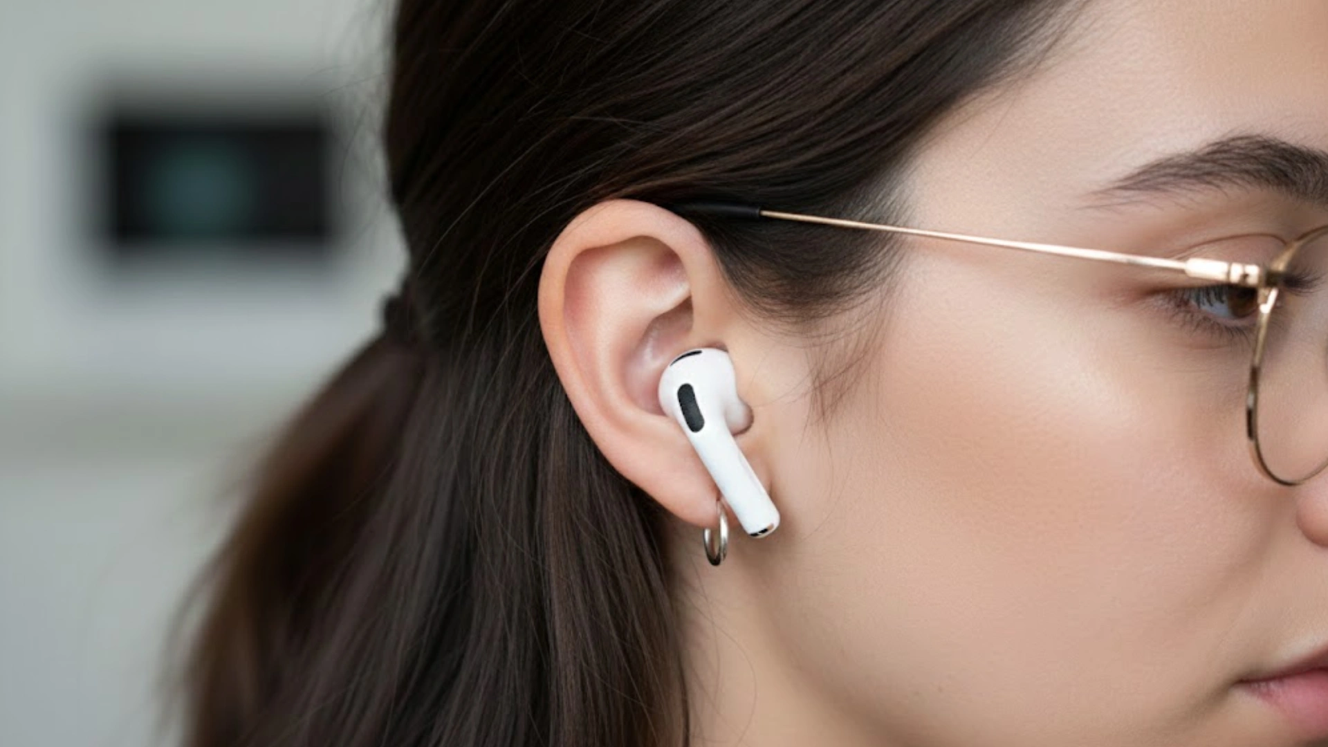 Close-up of woman wearing Apple AirPods Pro and glasses, showing earbud fit and in-ear placement on side profile