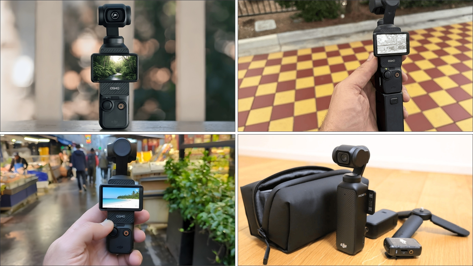 DJI Osmo Pocket 3 in real-world use with rotating screen, handheld filming, and compact travel accessories