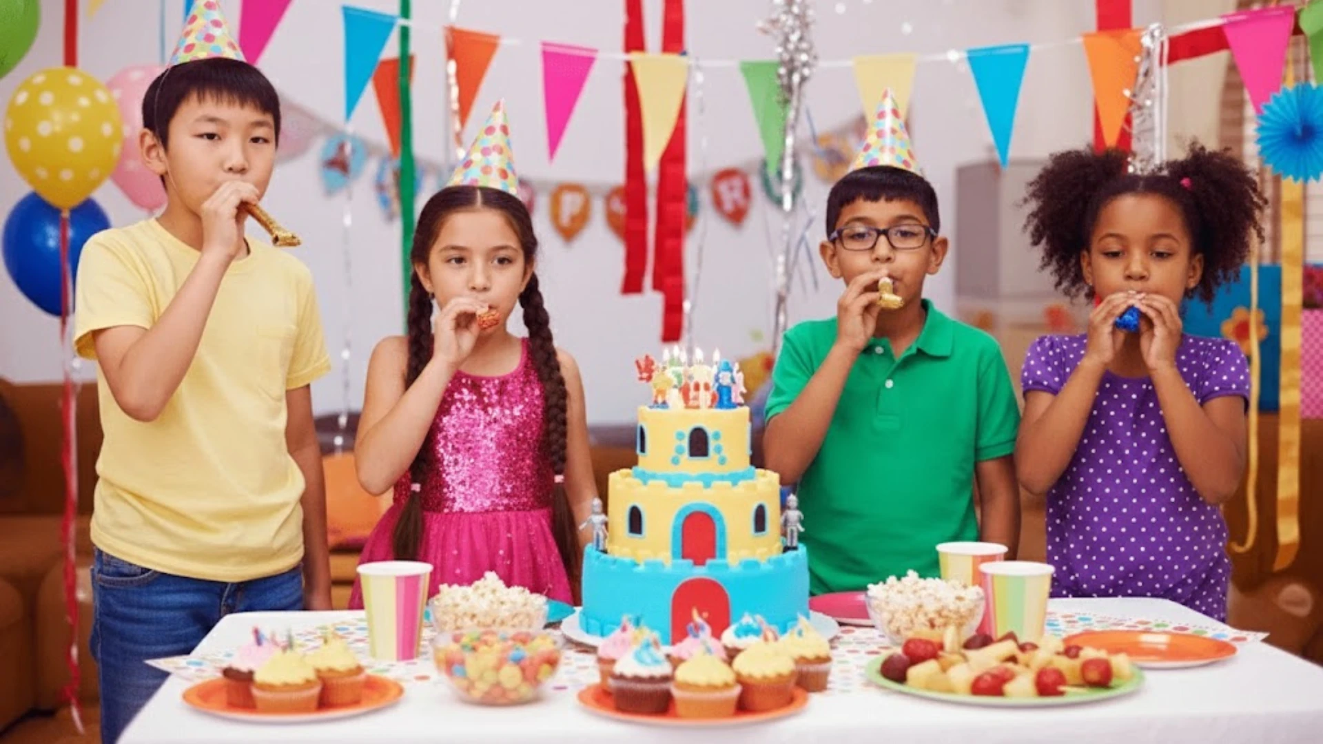 Four children in party hats blow noisemakers around a colorful tiered birthday cake with cupcakes and fruit on table