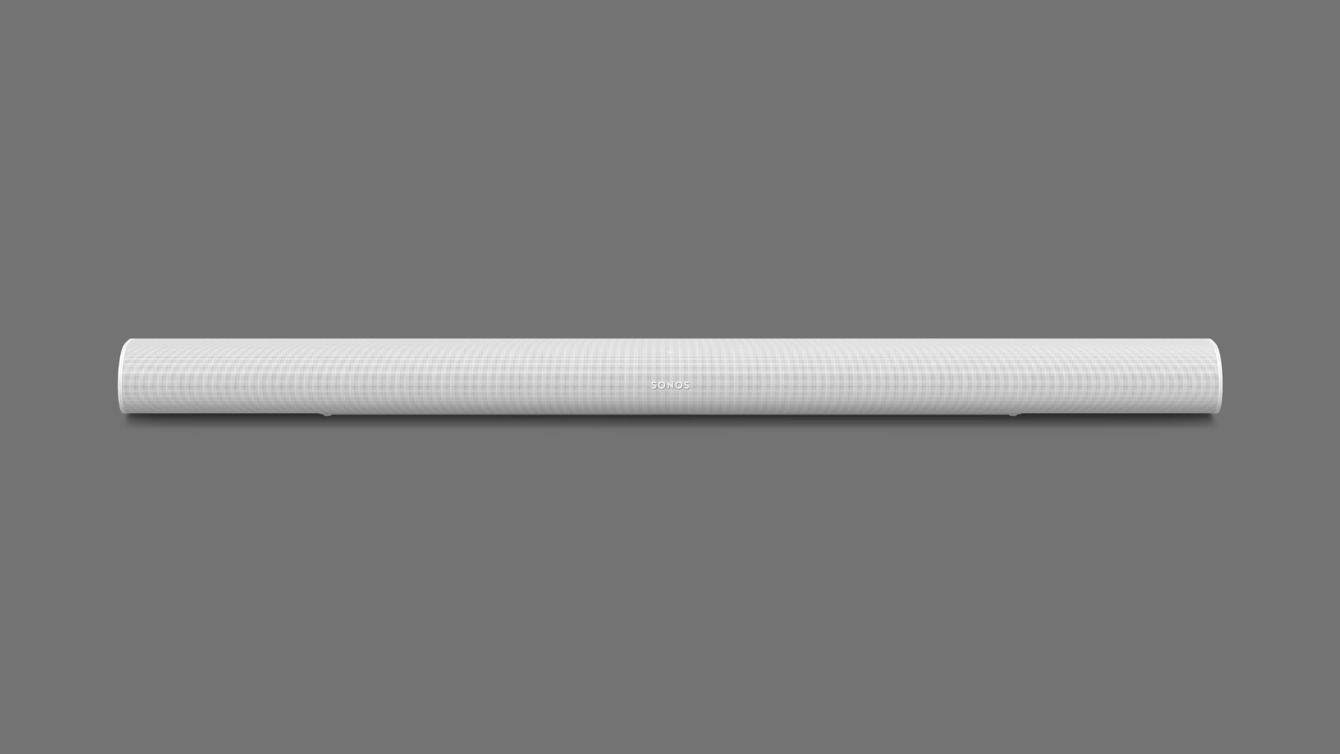 Front view of Sonos Arc Ultra white soundbar with cylindrical design and centered logo on plain background