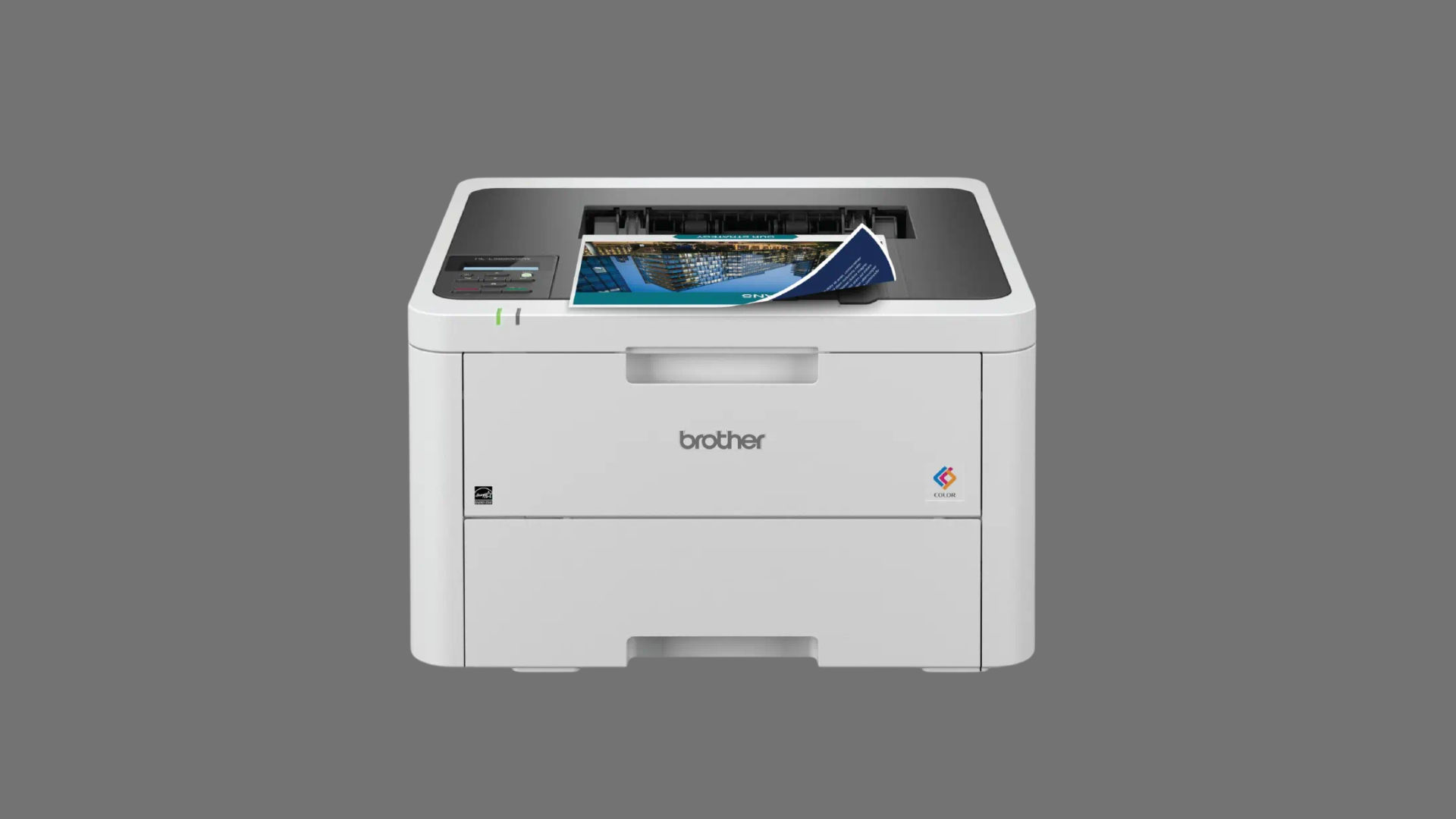 Front view of a Brother color laser printer printing a photo page on a plain gray background