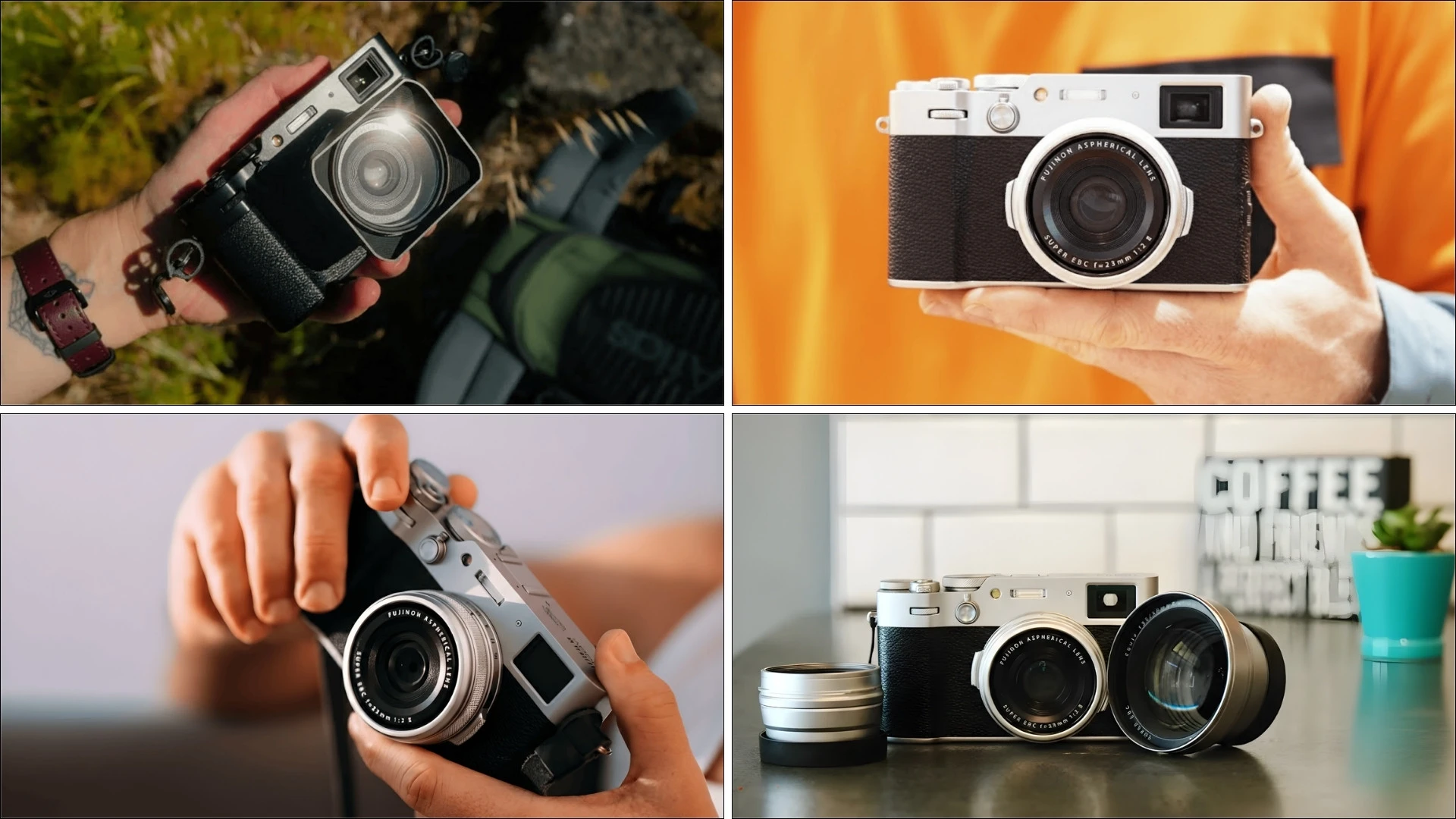 Fujifilm X100VI camera shown from multiple angles, highlighting compact design, fixed lens, and classic control dials