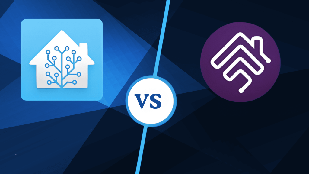 Graphic showing Home Assistant and Homebridge logos facing each other with a VS symbol in the center on blue background.