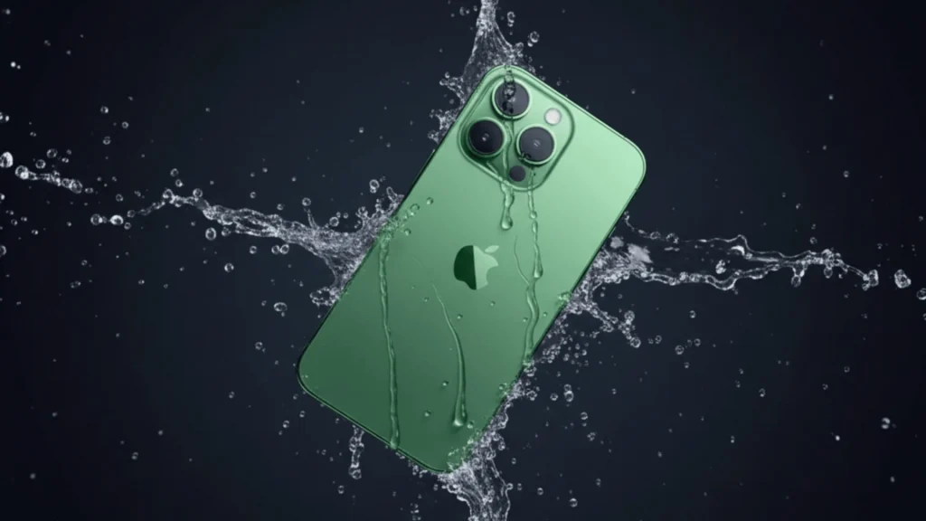 Green iPhone with water splashing around it showing IP68 waterproof protection and water resistance performance