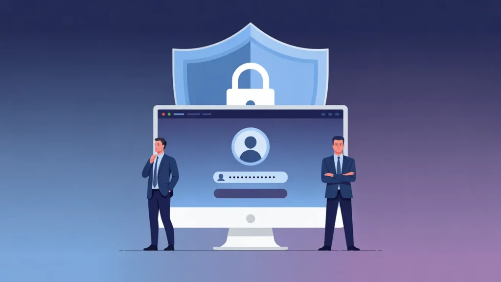 Illustration of secure login screen with shield and padlock behind monitor and two security professionals standing beside it