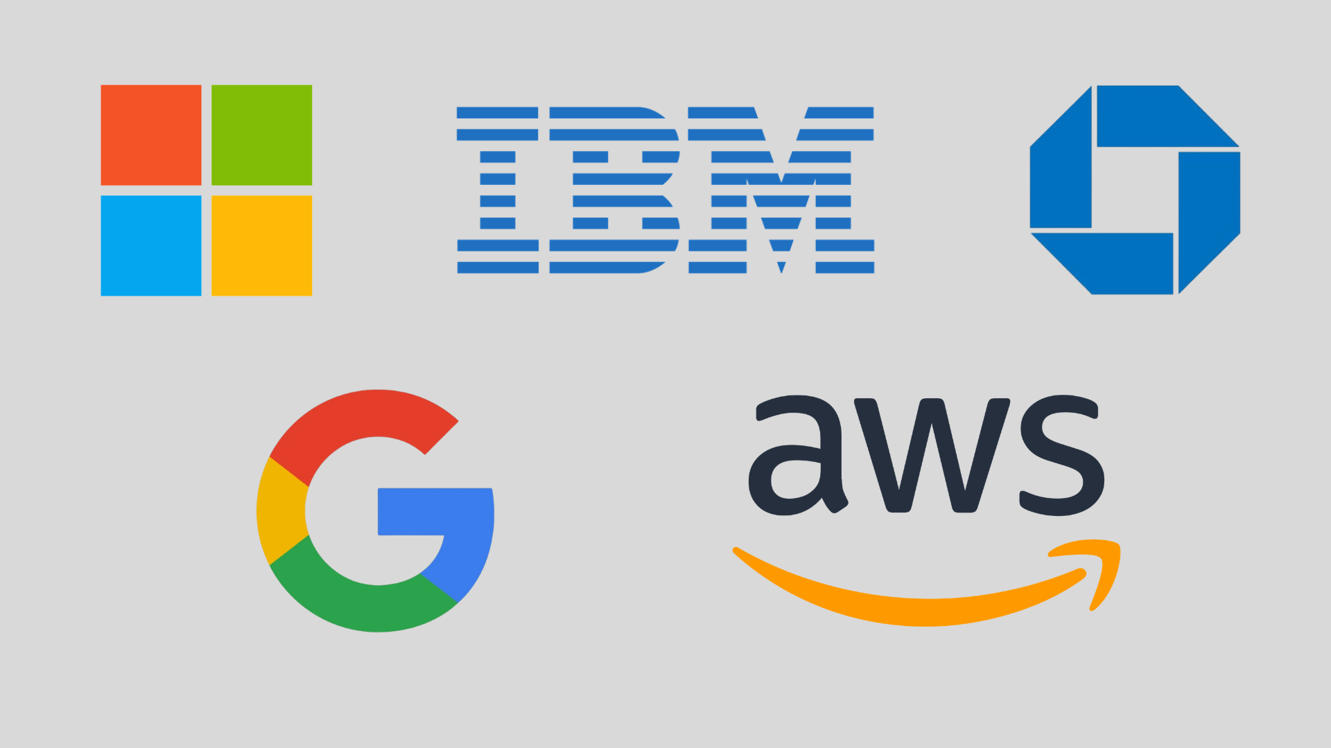 Logos of Microsoft, IBM, JPMorgan Chase, Google, and AWS displayed on a light background in a grid layout