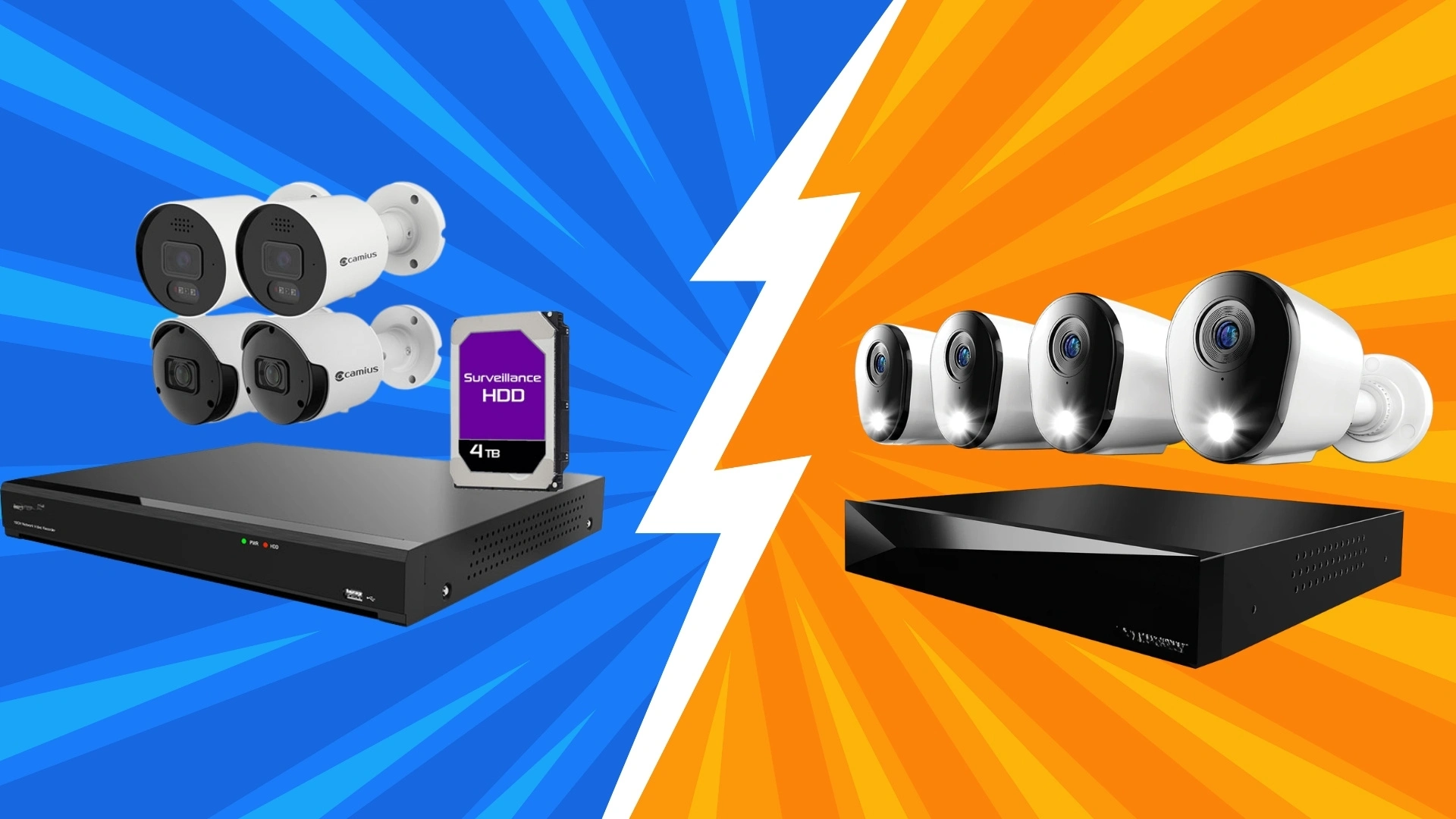 NVR vs DVR comparison image showing NVR system with IP cameras and hard drive on left and DVR system with analog cameras on right