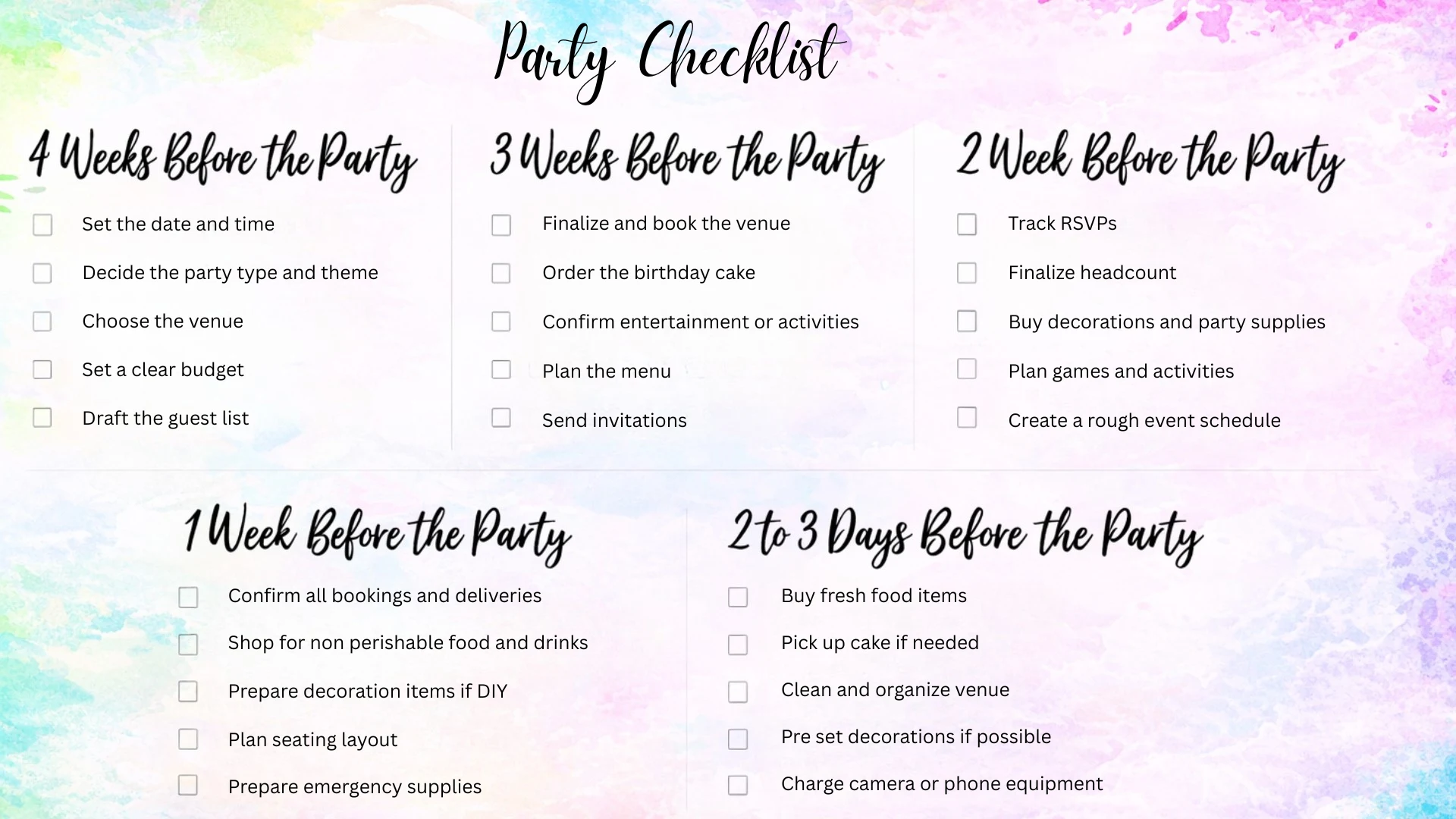 Party planning checklist with timeline from 4 weeks to 2 days before event, covering venue, cake, decor and RSVPs