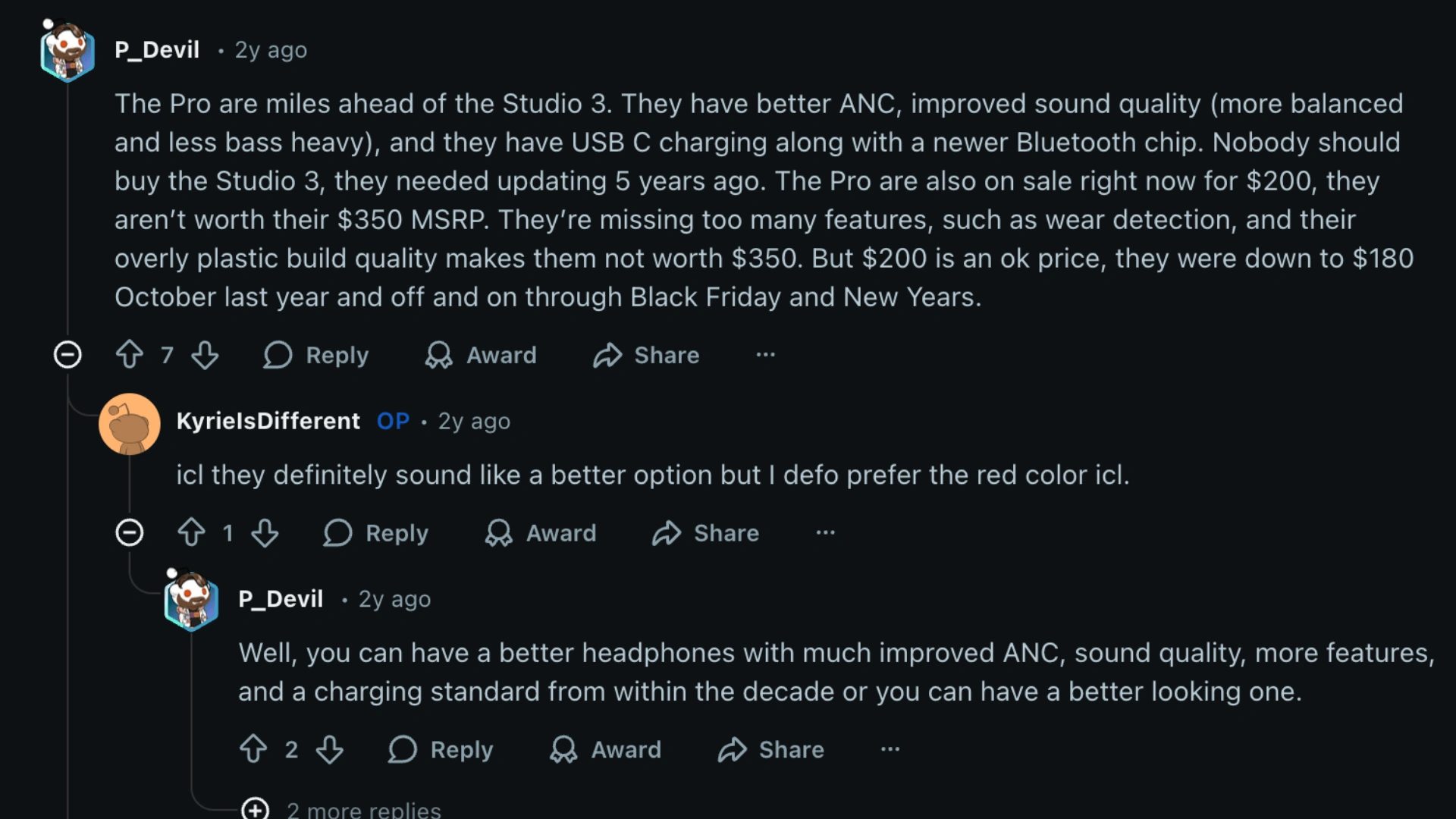 Reddit thread where user argues Beats Studio Pro is better than Studio 3, despite the other user's color preference