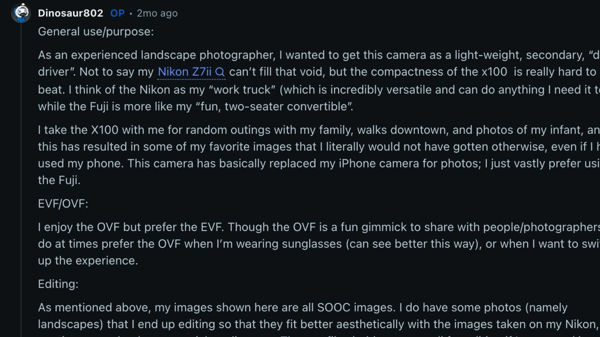 Screenshot of Reddit discussion sharing user experiences and impressions of the Fujifilm X100VI camera