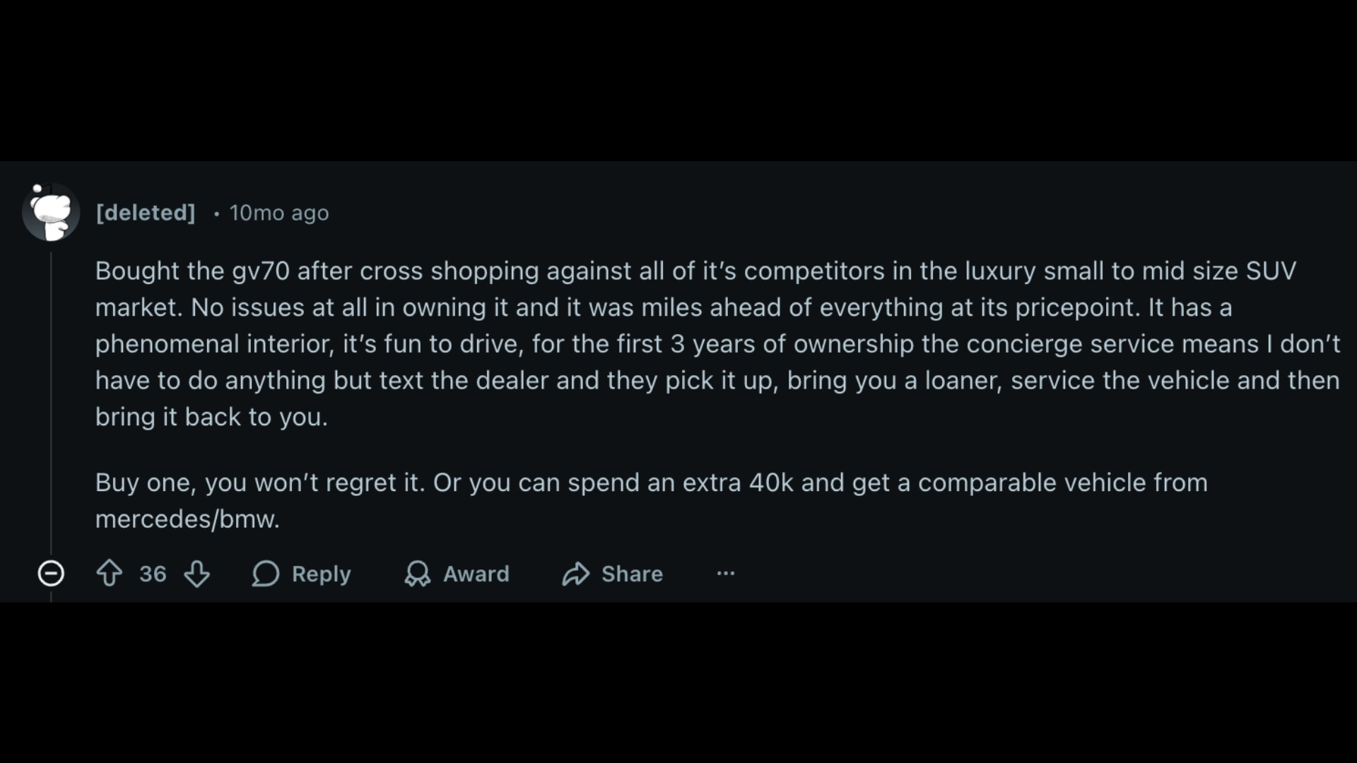 Screenshot of Reddit user review praising Genesis GV70 for value, interior quality, and concierge service benefits