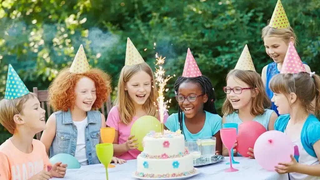 Seven children wearing party hats smile around a birthday cake with sparkler outdoors, holding colorful balloons