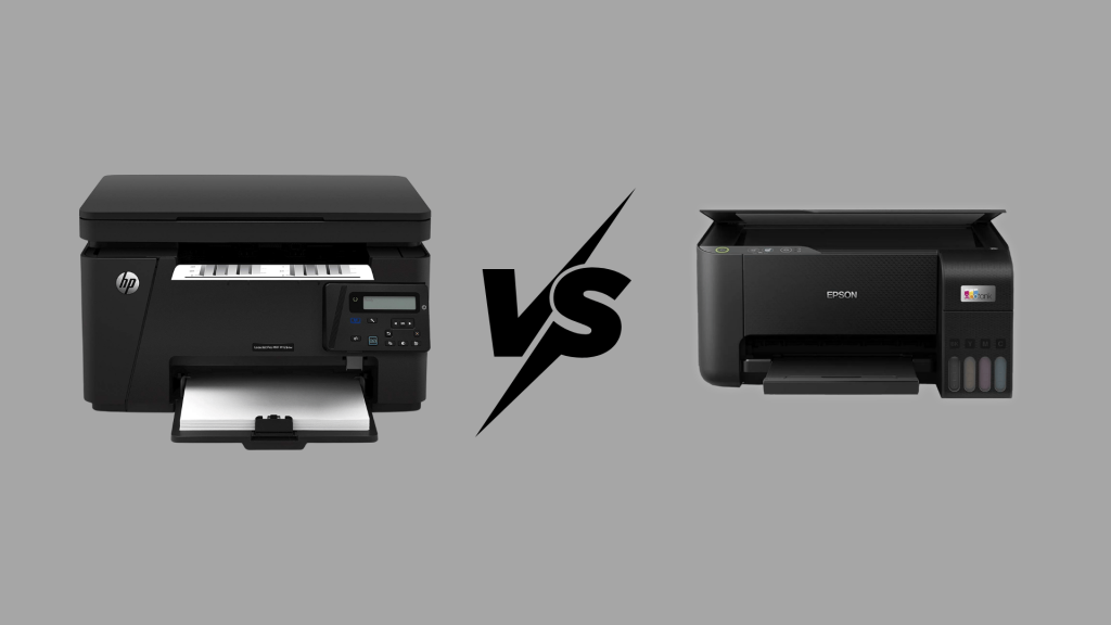 Side by side image of HP laser printer and Epson inkjet printer with VS symbol between them on gray background
