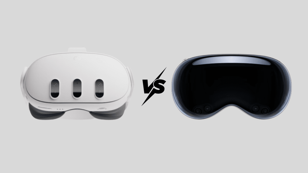 Side by side image of Meta Quest 3 and Apple Vision Pro headsets with a VS symbol between them on a plain background