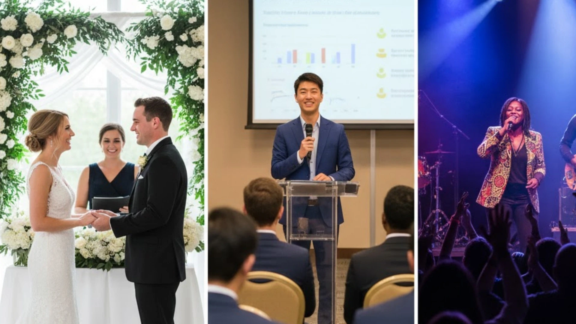 Wedding ceremony, corporate seminar, and live concert representing specialized event insurance options for different event types