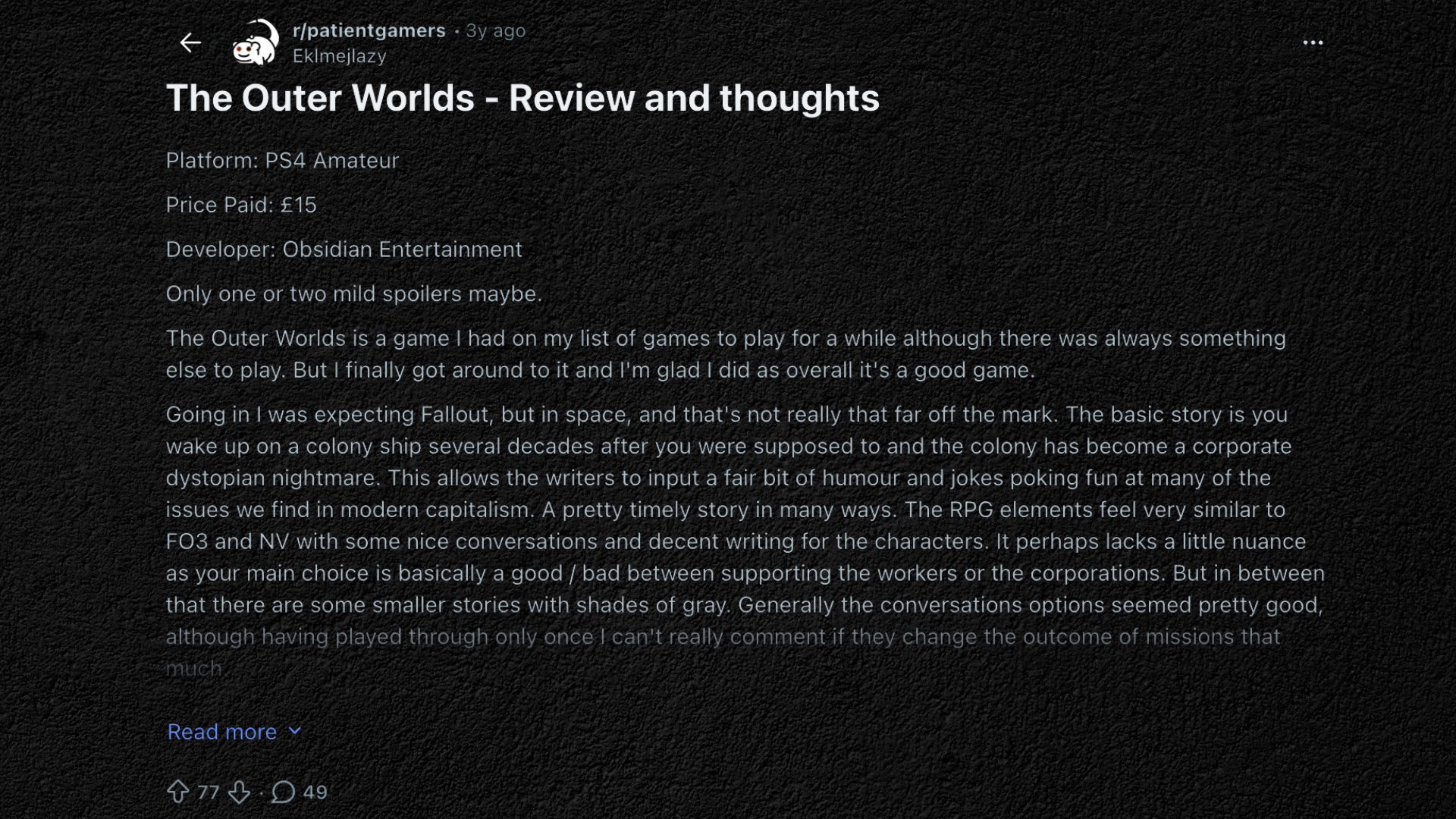 What Players Say About the Outer Worlds