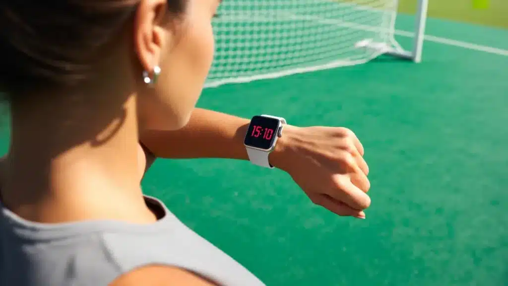 Woman checking smartwatch time on sports field with goal net in background during outdoor activity