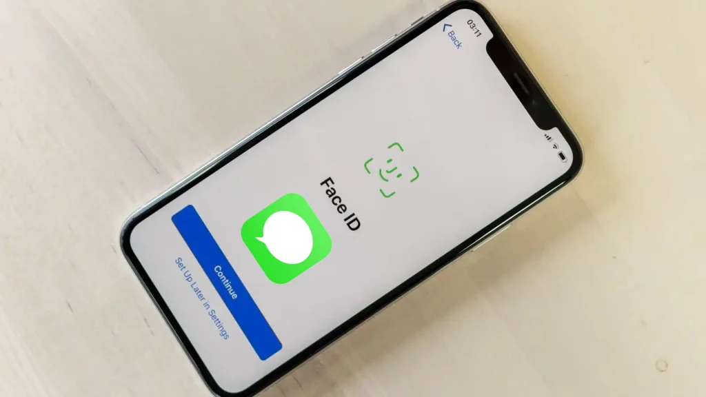 iPhone displaying Face ID setup screen with Continue button and Messages app icon overlay on light wooden surface