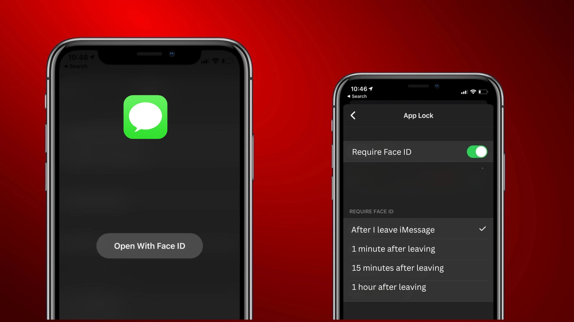 iPhone screen showing iMessage App Lock settings with Require Face ID enabled and Open With Face ID prompt displayed