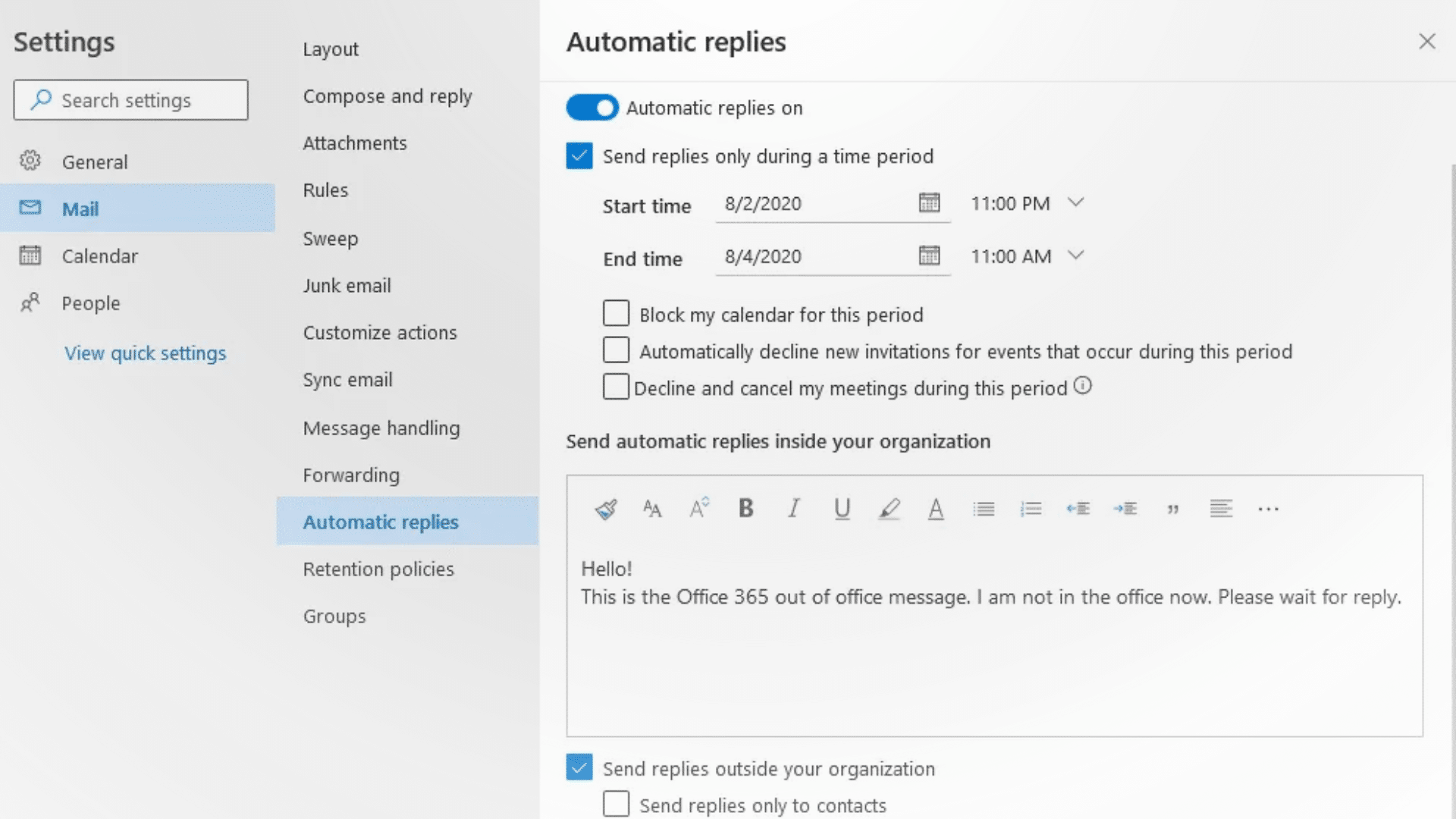 setting up out of office in outlook office 365