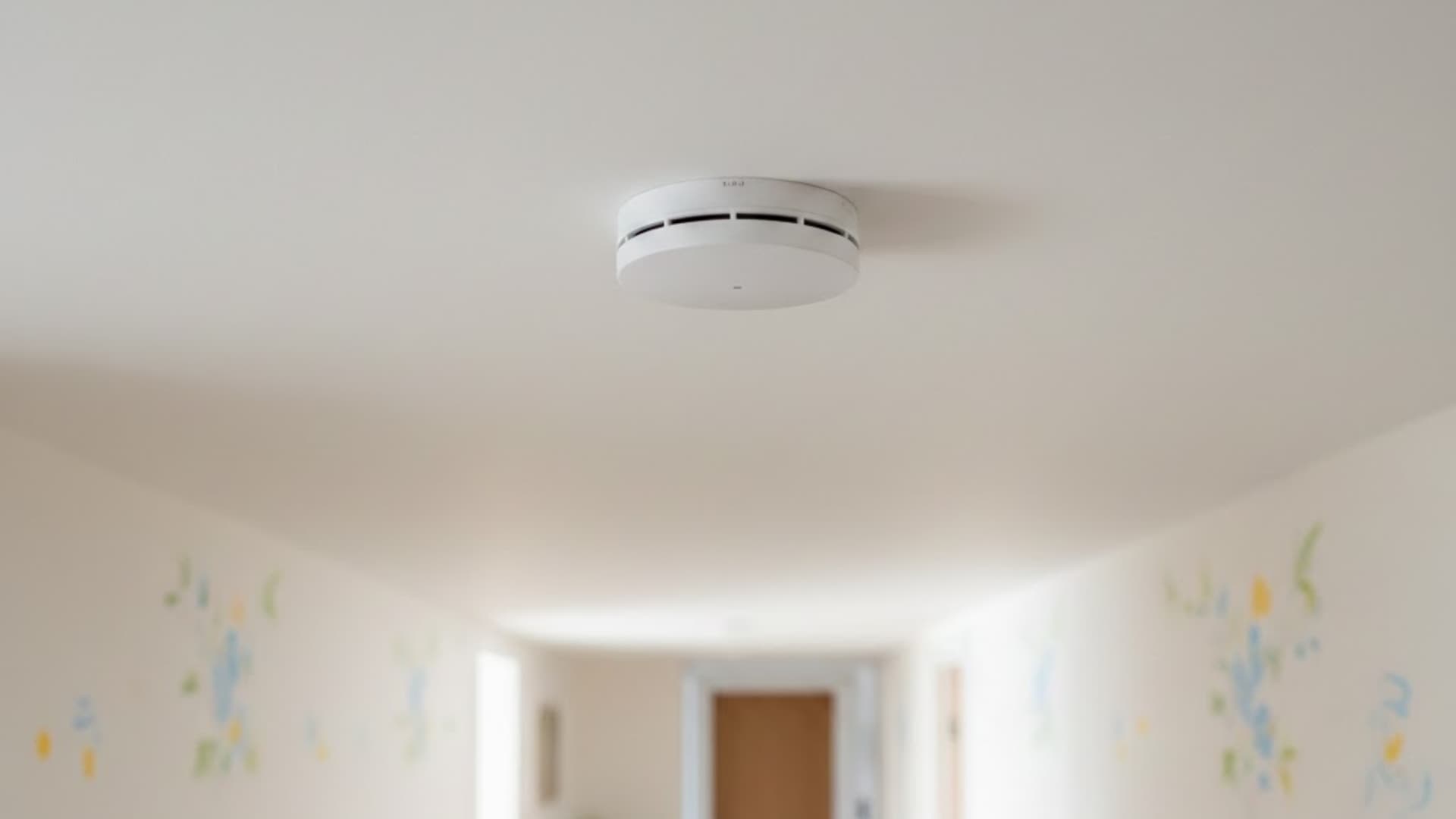 A modern white smoke detector installed on a clean white ceiling in a residential hallway