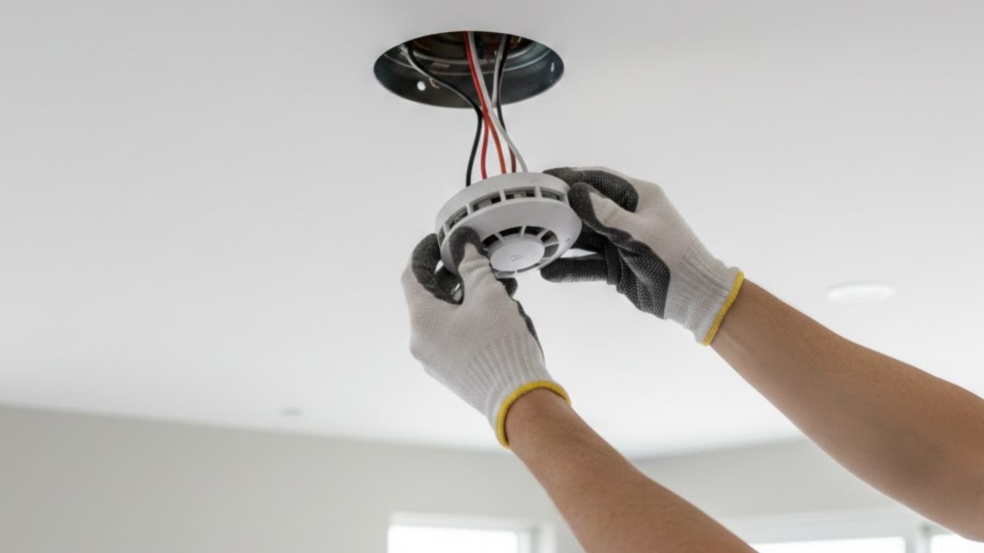 A person in gloves installs a white fire alarm into a ceiling junction box