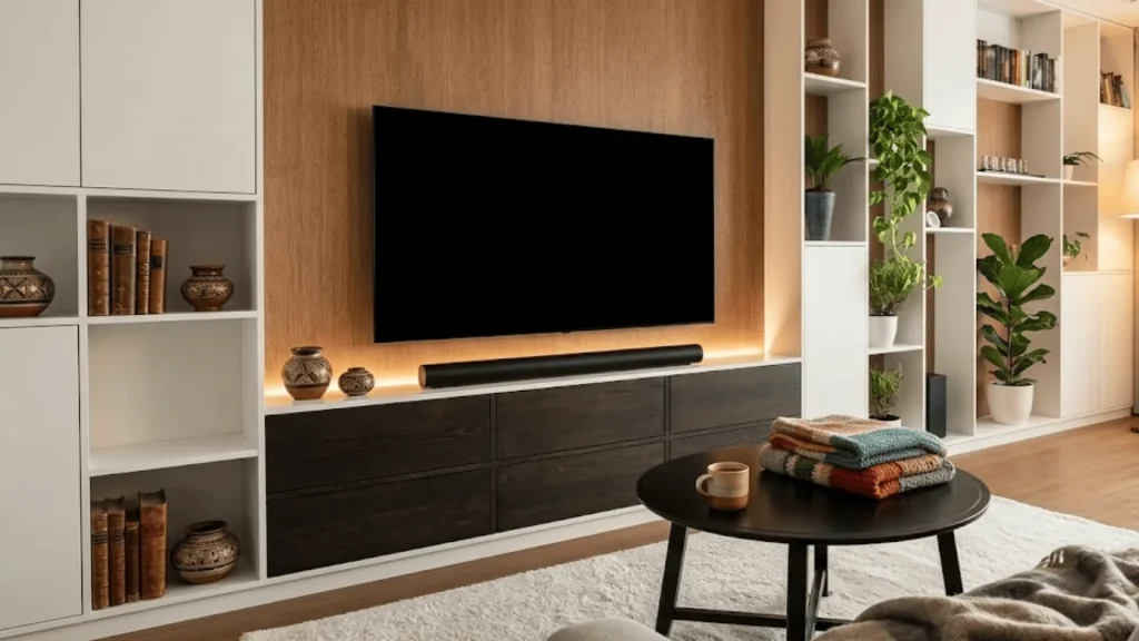A sleek soundbar sits on a dark wood cabinet below a wall-mounted TV in a warm, cozy living room