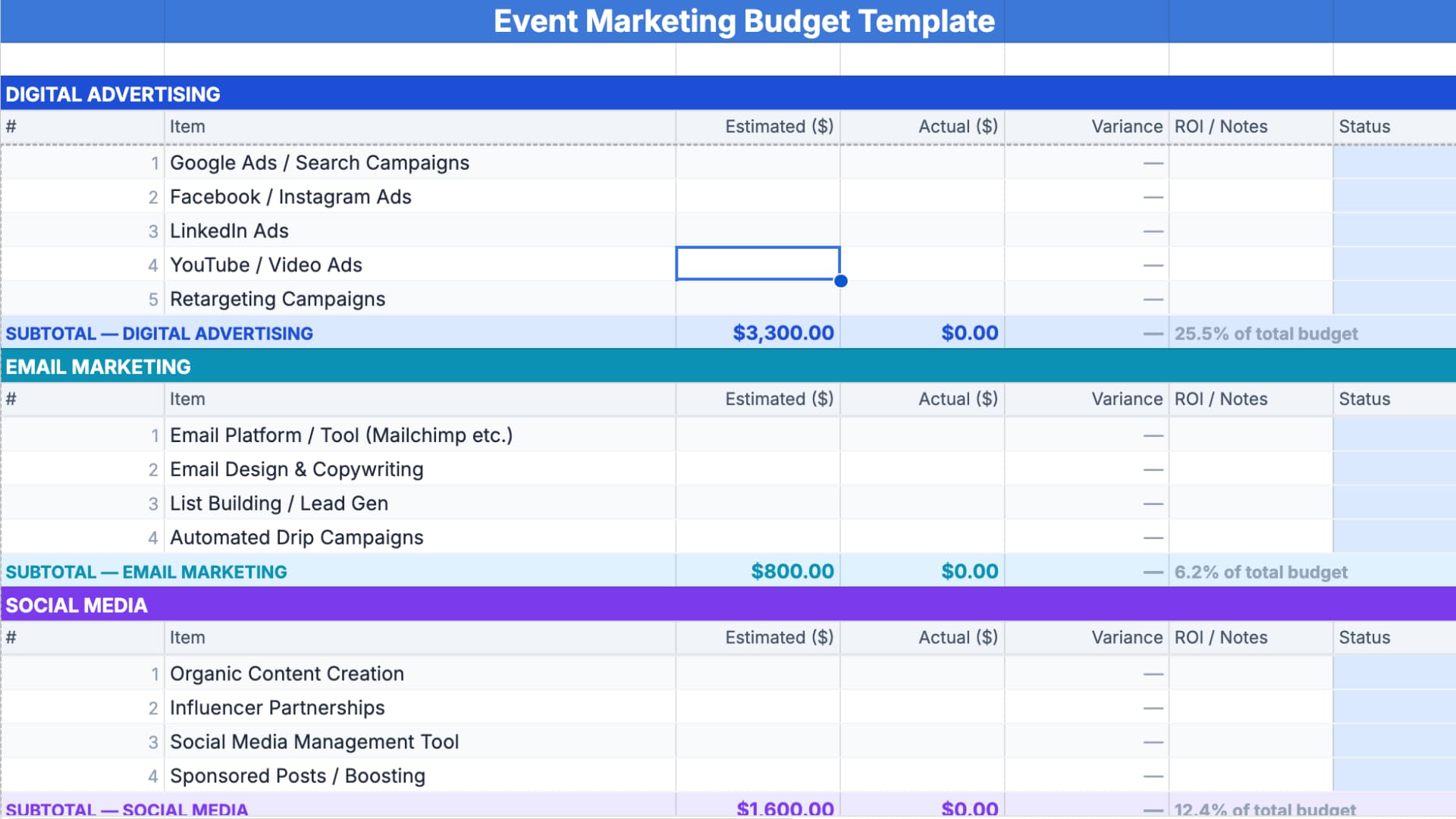 A spreadsheet showing a Event Marketing Budget Template with categories for logistics, catering, and entertainment