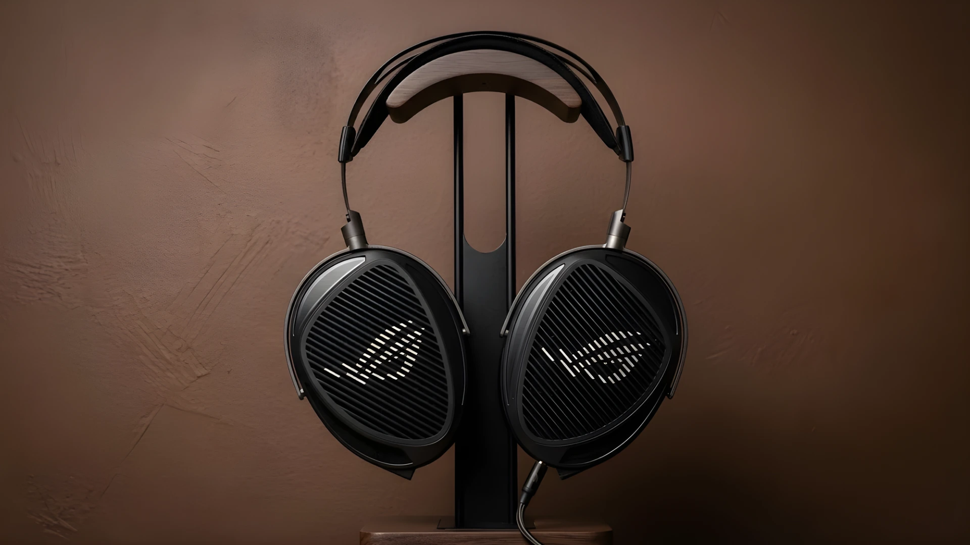 ASUS ROG Kithara on stand with mesh ear cups and adjustable headband against dark background