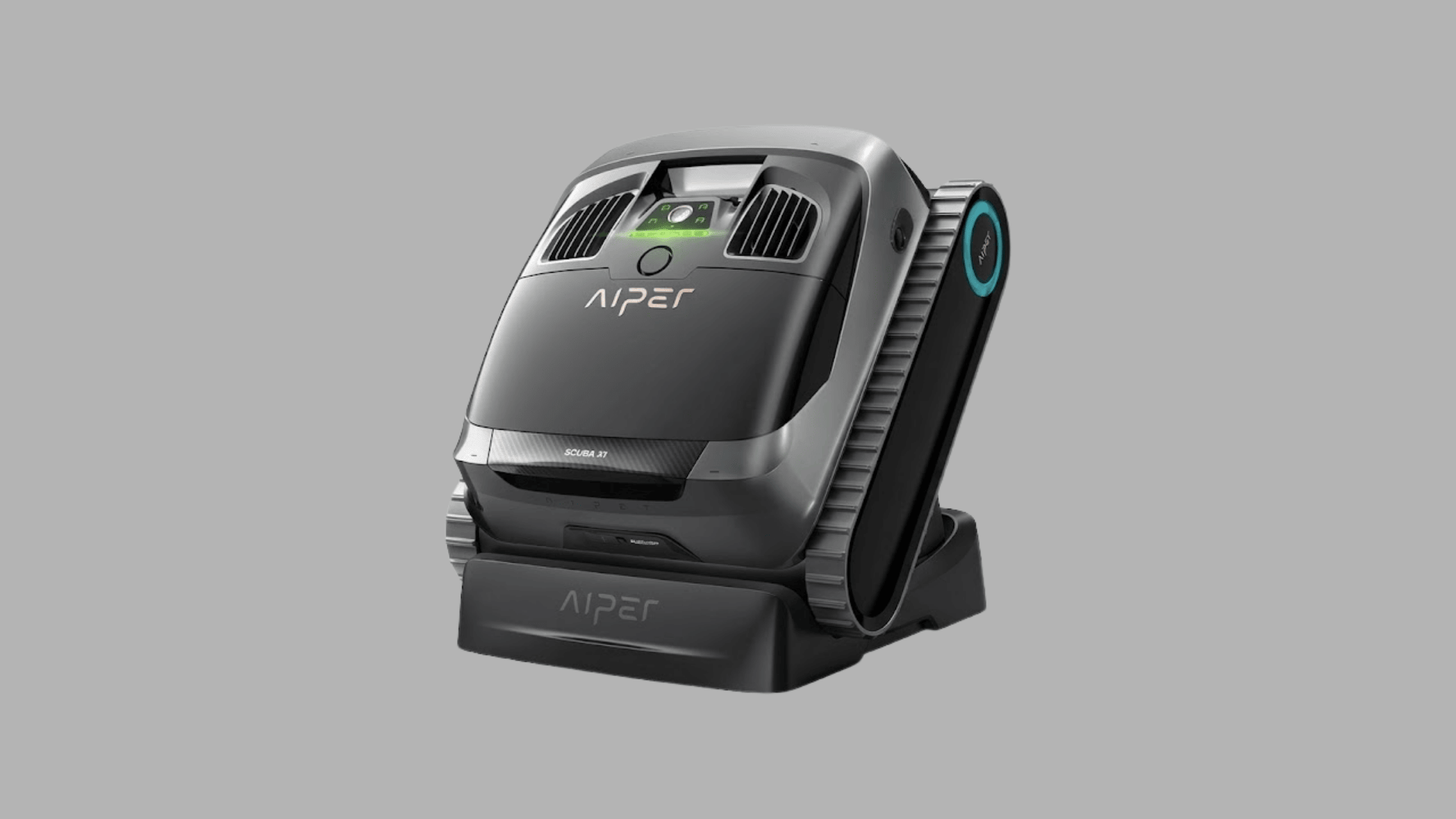 Aiper Scuba X1 robotic pool cleaner on charging dock with tank tracks and smart control display