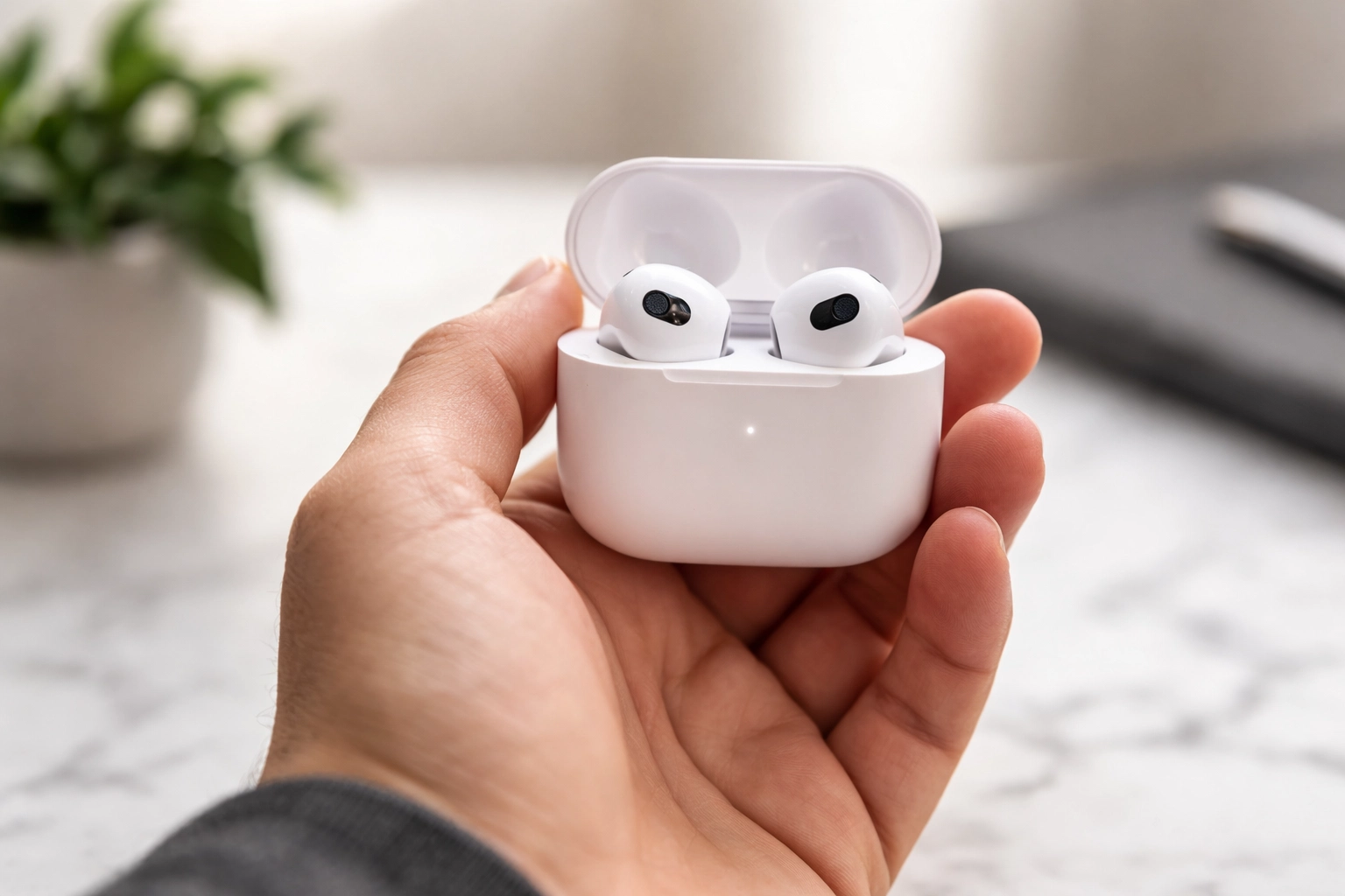 Apple AirPods Pro 3 wireless earbuds in white charging case held in hand