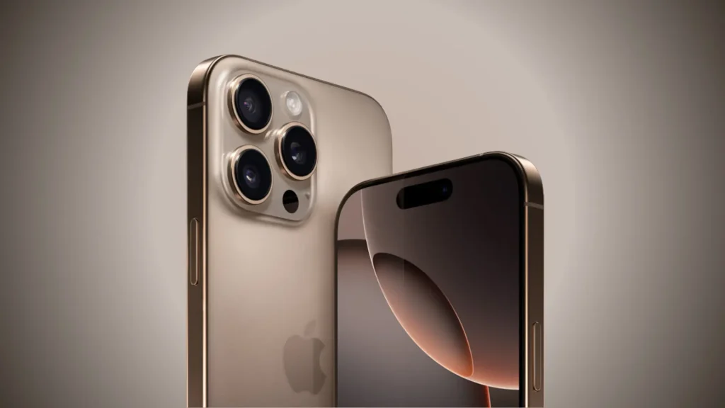 Apple iPhone 16 Pro Max close up showing triple camera system and front display design