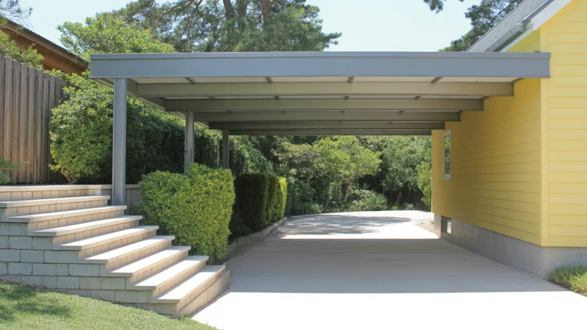 Attached metal carport beside yellow house with concrete driveway, steps, and green landscaping in suburban setting