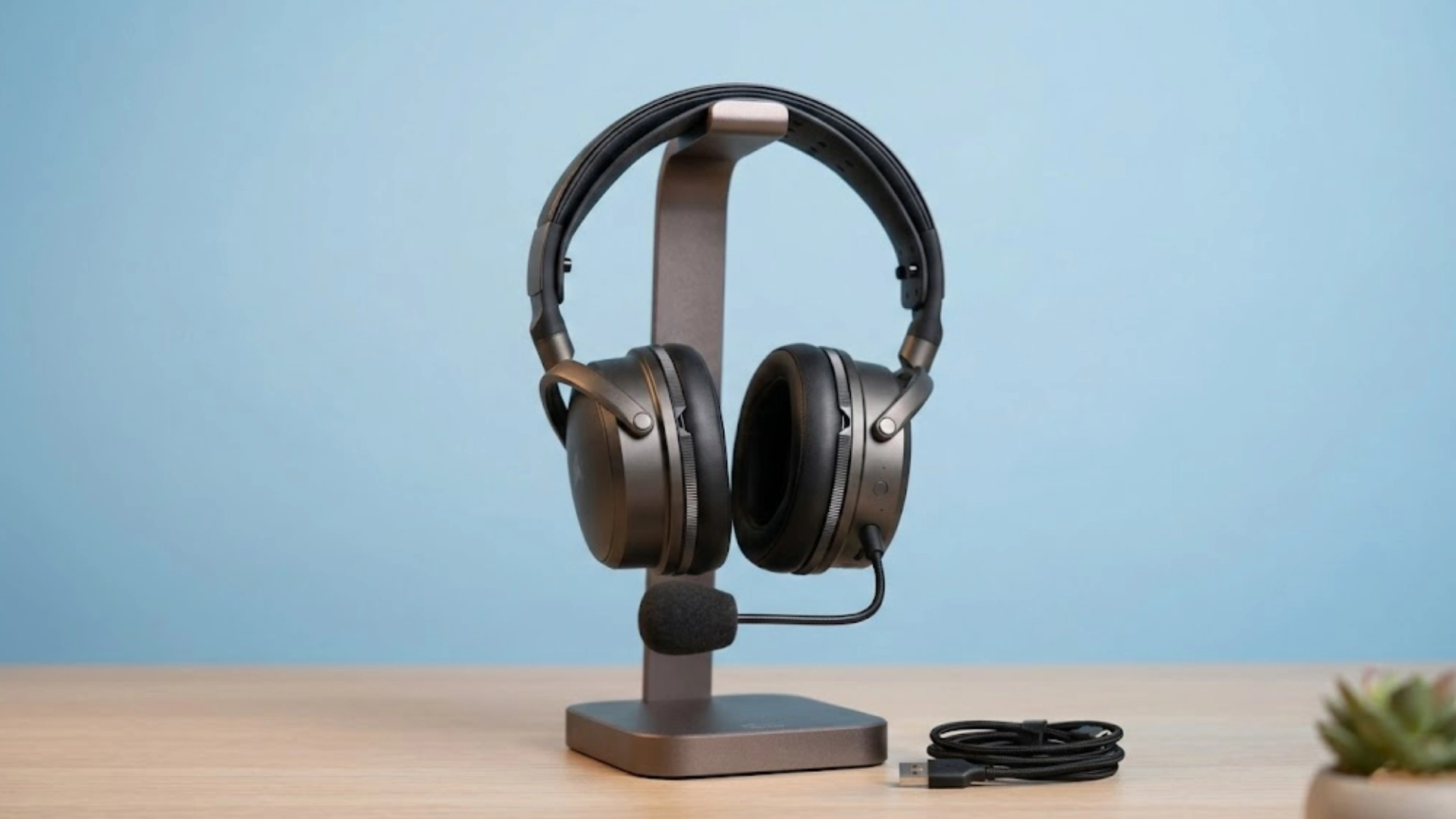 Audeze Maxwell 2 headset with detachable boom mic on stand, USB cable placed beside it on desk
