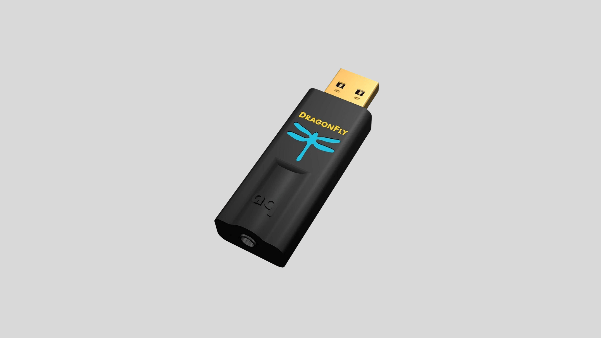 AudioQuest DragonFly Black USB DAC and headphone amplifier with gold USB connector and dragonfly logo on a clean background