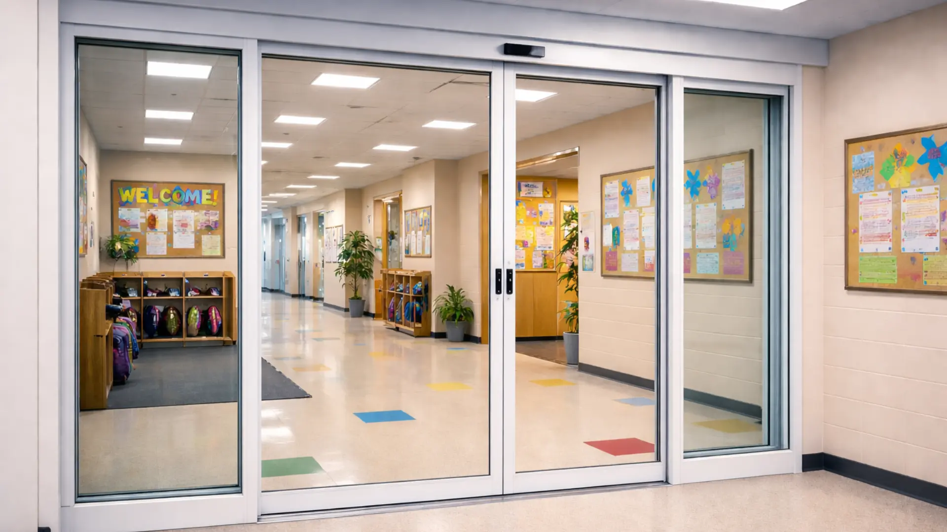 Automatic sliding glass door at school hallway entrance with classrooms bulletin boards and student backpacks visible inside